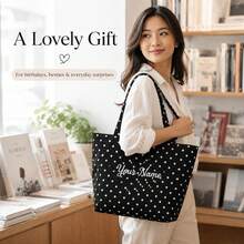 Personalized Embroidered Custom Korean Vintage Artistic Tote Bag, Denim Large Capacity Handbag New Fashion Plaid College Student Class Shoulder Commuter Bag - Multicolor - View 6