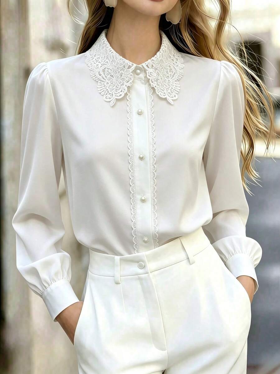 Women's Solid Color Button-Front Shirt, Lace Collar Embroidered Long Sleeve Blouse, Suitable For Business, Office, Home, Vacation, Holiday, Spring, Summer, Autumn, Winter - White - View 1