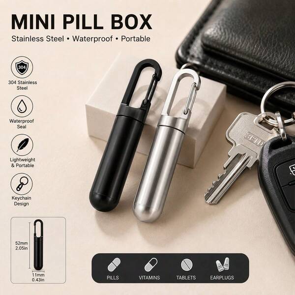 Gantungan Kunci Kotak Pil Mini Stainless Steel 304, Tempat Obat Portabel Tahan Air, Kotak Pil Kedap Udara untuk Perjalanan, Vitamin, Tablet & Kapsul