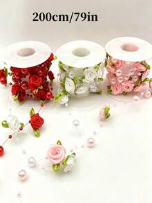 Pink Rose Pearl Leaf Beaded Garland Ribbon, Suitable For Wedding, Party, Home Decor, DIY Accessories, Gift Wrapping - 2m/78.7in - Ribbon - View 5