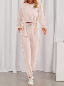 Women Fall 2 Piece Outfits Casual Long Sleeve Crop Top Drawstring Pant Jogger Suit Jumper Sportswear Sweatsuits Tracksuit Matching Set - Beige - View 1