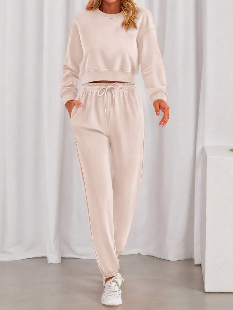Women Fall 2 Piece Outfits Casual Long Sleeve Crop Top Drawstring Pant Jogger Suit Jumper Sportswear Sweatsuits Tracksuit Matching Set - Beige - View 1