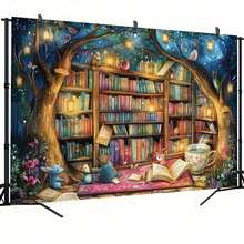 Magic Children's Reading Corner Backdrop Banner - Magic Forest Design With Bookshelves, Animals And Lanterns, Durable Polyester Suitable For Outdoor Parties, Home Decor - Multi-color 1 - View 3