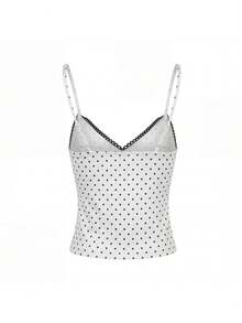 Women Polyester Polka Dot Spaghetti Strap Tank Tops Y2K Fairycore Lace Trim Corset Camisole V Neck Slim Cami Tops Cute Crop Tops Summer Going Out Top - 白色 - 查看 10
