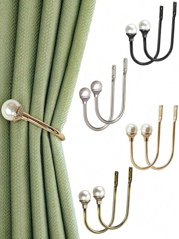 1/2pcs Faux Pearl Curtain Tiebacks With Screw Accessories, U-Shaped Wall-Mounted Curtain Tieback Hooks, Heavy Duty Metal Decorative Curtain Hooks, European Minimalist Fashion, Suitable For Living Room, Bedroom, Kitchen, Hotel Decoration