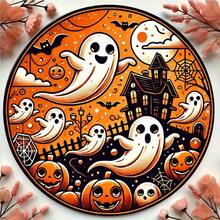 2D Flat Vintage Halloween Iron Wall Decor 8x8 Inch Decorative Plaque, With Cute Ghost, Pumpkin And Haunted House Patterns, Suitable For Home, Cafe, Bar, Office And Club Use, Pre-Drilled Holes, Style As Shown In Size Chart - Multicolor - View 6