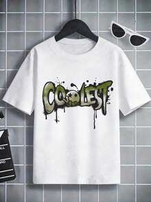تي شيرت أولاد بطباعة حروف COOLEST برسومات جرافيتي، أكمام قصيرة، حروف محشوة باللون الأخضر، تأثير طلاء أسود متساقط - أبيض - مشاهدة 5