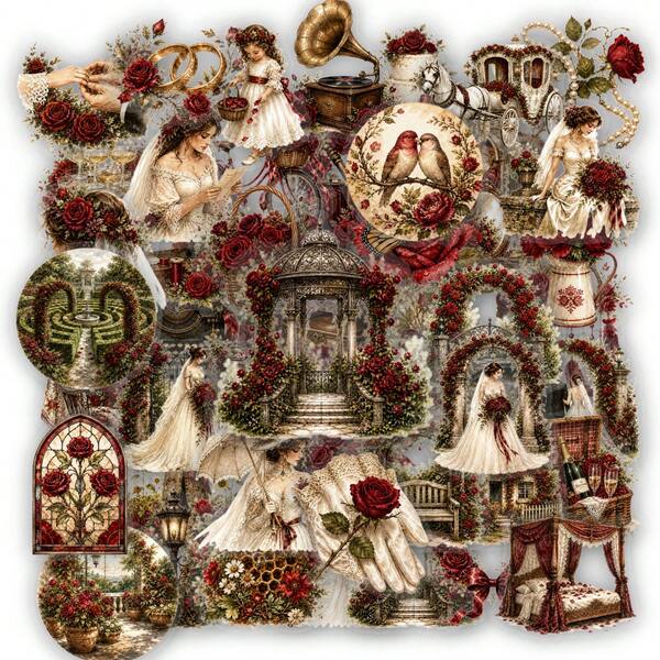 50pcs Antique Floral Wedding Scene Stickers, Classic Graffiti Stickers For Decorating Water Bottles, Laptops, Suitcases, Waterproof Stickers For Teens Adults, Birthday Decorations, Back To School Decor Pet Waterproof Transparent Sticker