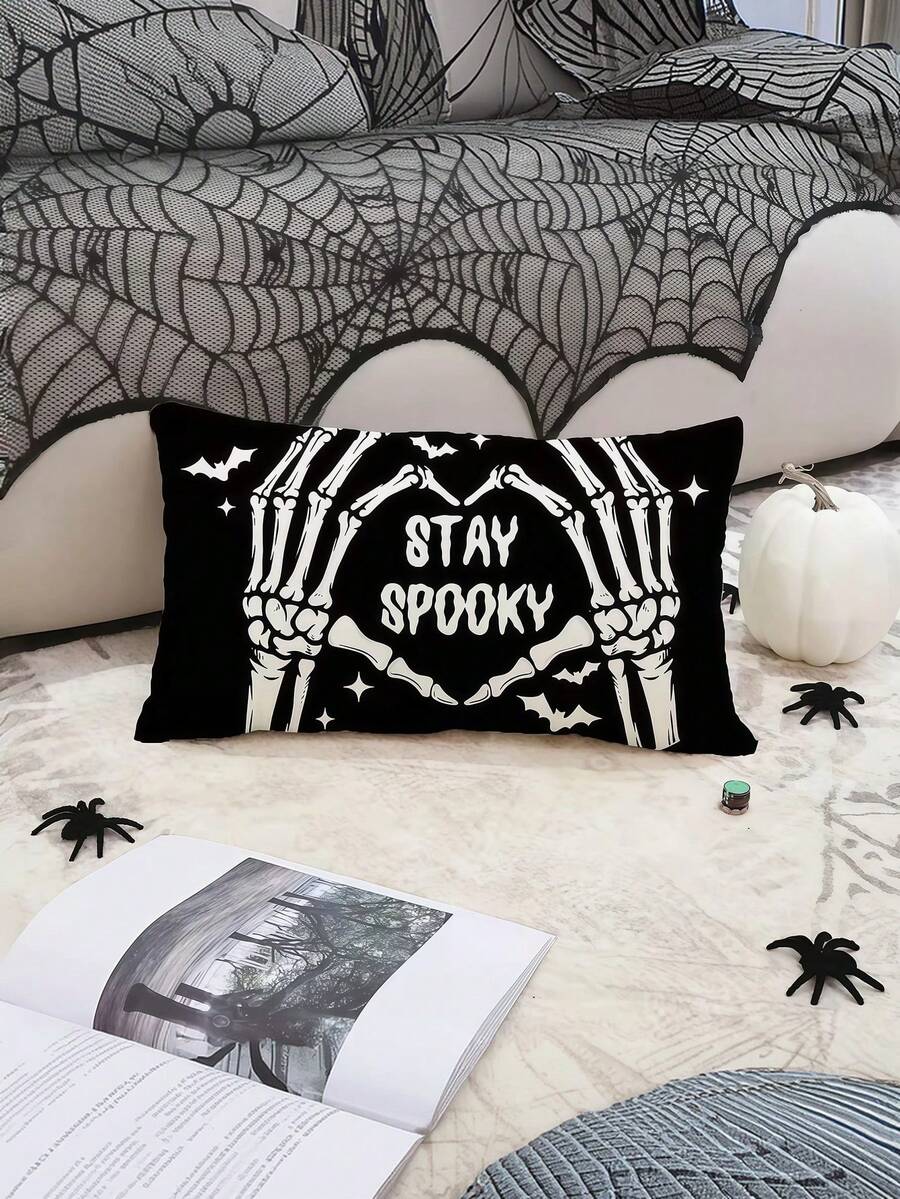 1/2/4件組萬聖節 Stay Spooky 抱枕套,骷髏蝙蝠裝飾靠墊套,適用沙發與長椅(單面印花,不含枕芯) - 黑色 - 查看 1