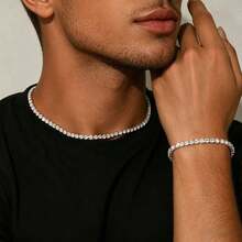 2pcs/Set Men's Diamond Inlaid Square Claw Chain Necklace And Bracelet, Hip-Hop Style Rhinestone Jewelry, Creative Punk Style Men's Necklace, Suitable As Gift For Boyfriend, Also Suitable For Daily Casual Wear And Matching, Valentine's Day, Carnival Gift - Multicolor - View 6