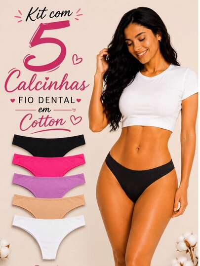 Kit 5 Tanga Fio Dental em Cotton Liso Calcinha Feminina Básica Conforto e Qualidade