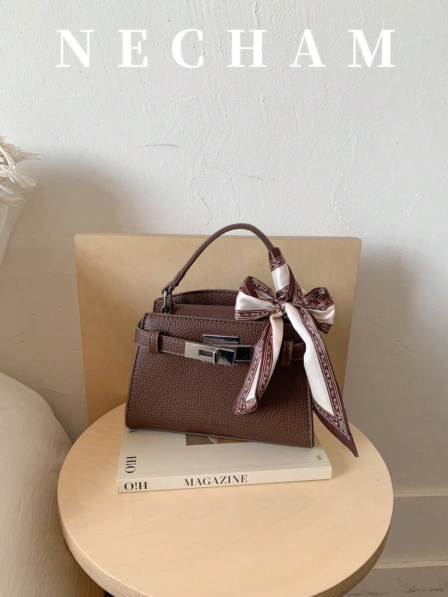 1pc Lychee Textured Asymmetrical Shoulder Bag Small Crossbody Bag Vintage Minimalist Handheld Kelly Square Bag For Women Suitable For Shopping Work Dating With Scarf Included - Coffee Brown - View 1
