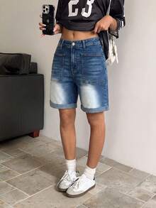 Women's Casual Straight Leg Denim Shorts, Bermuda Style, With Pockets And Button Details, Slight Stretch, Suitable For Daily Wear - Dark Wash - View 5