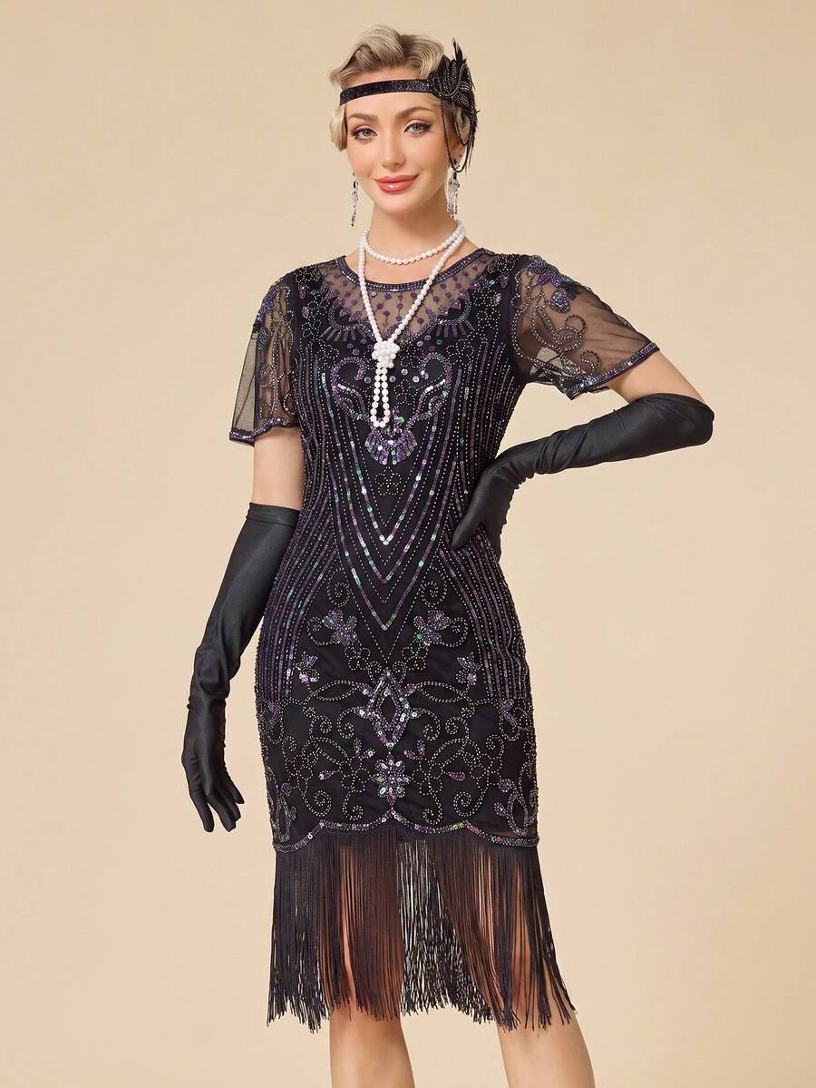 女款 1920 年代復古亮片短袖網紗流蘇下擺晚禮服 黑色