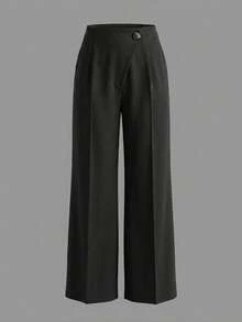 Elegant Office Wear High Waist Bodycon Front Slit Wide Leg Suit Pants Office Essential Black Long Pants - Black - View 5