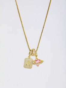 1pc Gold Tone Initial A Pink Heart Planet Pendant Necklace For Girls Sparkly Rhinestone Holiday Party Vacation Daily Wear Celebration Jewelry Gift - Gold - View 2
