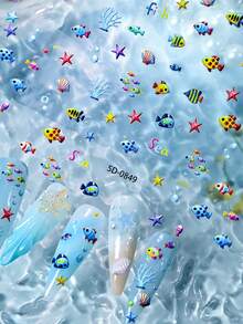 2Pcs 5D Aquarium Ocean Fish Nail Stickers, Colorful Tropical Fish Starfish Coral Bubble Underwater Sea Self-Adhesive Nail Decals, Kawaii Manicure Decoration For Summer Beach Salon Nail Art - Multicolor - View 5