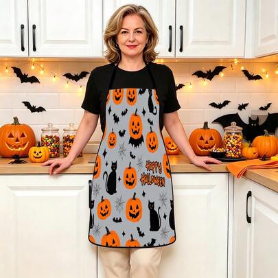 1pc Halloween Pumpkin, Ghost, Bat, Black Cat, Spider Web, Vintage Skeleton Witch, Haunted House, Halloween Pattern Apron, Suitable For Home Decor And Kitchen Use. Made Of 100% Polyester Material, Designed As Sleeveless Style, Perfect For Home Kitchen, Outdoor BBQ Cooking. This Printed Apron Is Unisex, Machine Washable And Reusable, An Essential Kitchen Accessory