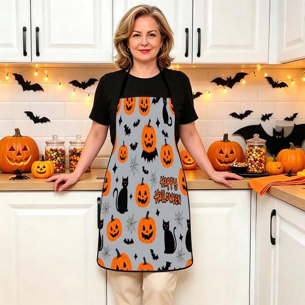 1pc Halloween Pumpkin, Ghost, Bat, Black Cat, Spider Web, Vintage Skeleton Witch, Haunted House, Halloween Pattern Apron, Suitable For Home Decor And Kitchen Use. Made Of 100% Polyester Material, Designed As Sleeveless Style, Perfect For Home Kitchen, Outdoor BBQ Cooking. This Printed Apron Is Unisex, Machine Washable And Reusable, An Essential Kitchen Accessory