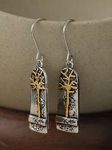 DIYCCPC Women's Vintage Curved Vertical Badge Earrings, Embossed Tree Of Life Textured Design, Suitable For Daily Commute, Casual Date And Vacation Wear - Two-color - View 9
