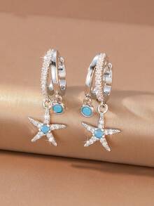1 Pair Fresh Blue Turquoise Full Rhinestone Starfish Double Pendant Thin Hoop Earrings Suitable For Women Beach Vacation Wear - Starfish - View 12