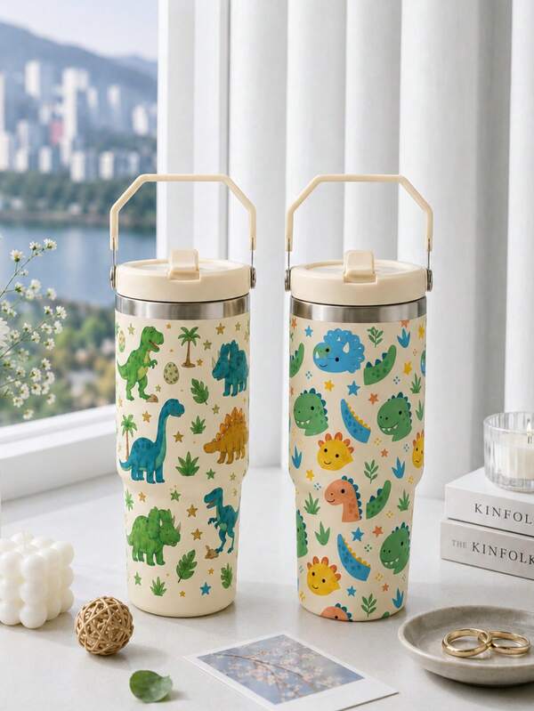 SCALON 30oz/900ML 1pc Cartoon Dinosaur Star Ice Tumbler With Handle And Straw, Portable Vacuum Leak-Proof Drinking Cup, Ice Tumbler, Travel Mug, Insulated Cup, Suitable For Travel, School, Office, Outdoor, Gym, Home And Other Scenes, Gift For Friends, Family, Holiday Gift, Birthday Gift (Includes Straw) Ideal Christmas/Halloween Gift, All Season Use Vacuum Bottle And Insulated Bottle Water Bottle Water Cup Travel Mug