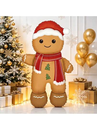 1pc 158cm Giant Gingerbread Man Aluminum Foil Balloon, Cartoon Scarf Gingerbread Man Design, Perfect For Christmas, New Year, Anniversary, Birthday, Family Reunion Party Decoration, Christmas Theme Decoration Balloon