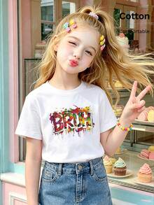 Short-Sleeve T-Shirt Featuring A Colorful Paint-Splatter 'BRUH' Graffiti Text Print, Playful Street-Art Inspired Graphic Top For Tween Girl - White - View 1