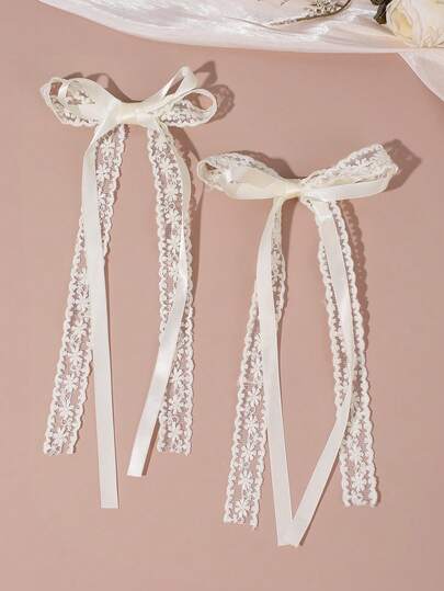 2PCS Plain Lace Hair Bows For Girls, White Tassel Duckbill Clip, Exquisite Hair Clip Suitable For Daily Girls' Hair Accessories Girls Gift