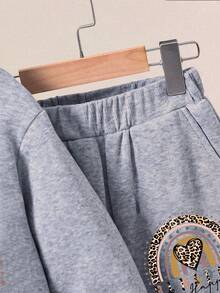 Girls' Letter Print Warm Hoodie And Sweatpants - Grey - View 3