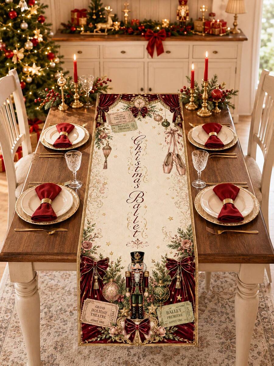 1pc Cream Burgundy Christmas Ballet Table Runner, Vintage Linen Rectangular Nutcracker Ballet Shoes Theatre Ticket Velvet Bow Rose Printed Tablecloth Cover For Dining Table, Kitchen, Buffet, Xmas Dinner, Holiday Party And Winter Home Decor - Multicolor - View 1