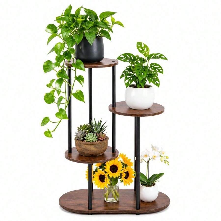 Modern Plant Stand 4/5/6 Tier Wooden Shelving & Metal Flower Rack For Indoor Garden & Outdoor Use - Black - View 1