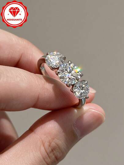 HALPIO 1pc Women's Moissanite Three-Stone Ring 8mm & 6.5mm 4.0CTTW Round Moissanite Ring, Perfect Anniversary And Wedding Party Jewelry Gift