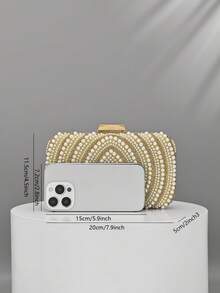 1pc Square Gold Multi-Layer Pearl Rhinestone Evening Clutch, Metal Square Buckle Luxury Dress Handbag, Detachable Chain Crossbody Small Bag For Bride Wedding Bridesmaid, Annual Meeting Party Elegant Cheongsam Accessory Bag - Gold - View 3