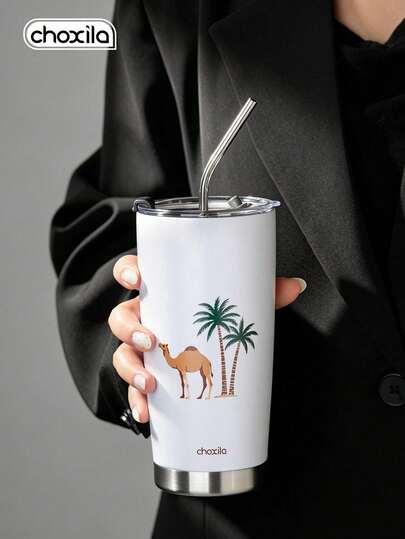 choxila 1pc 20oz/590ml Travel Coffee Mug, Camel & Palm Tree Pattern, Car Cup, Stainless Steel Double Wall Vacuum Insulated Coffee Cup, With Straw And Brush, Suitable For Iced And Hot Drinks, Ideal Gift For Travel, Car, Camping, Office, Home