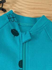 Lake Blue Fishbone Print Baby Full Foot Zipper Jumpsuit, Elastic Long Sleeve Stand Collar Newborn Outing Daily Crawl Suit - Blue - View 3