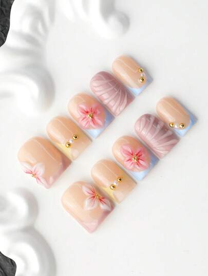 10pcs 100% Handmade Press-On Nails, Short Square Fake Nails, Nude Pink Blue French Tip, 3D Pink Flower, Pearl Gold Bead, Embossed Ripple, Multi-Layer Gel, Reusable And Removable, Includes Tool Kit, Y2K Style, Suitable For Daily Wear, Party, Vacation, Gift For Women