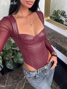 女款秋季優雅Y2K方領人造皮革網紗長袖緊身胸衣連身衣，修身抓皺設計，適合度假、聖誕派對、嘉年華穿搭 - 酒紅色 - 查看 5