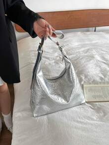 復古大容量軟質素色女款單肩包，多功能斜挎包，手提女款單肩包，大容量斜挎手提包，休閒通勤包（顏色與圖片可能略有差異） - 銀色 - 查看 3