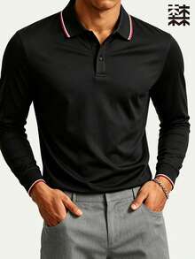 Mulinsen Men's Contrast Color Webbing Collar Long Sleeve Polo Shirt, Black Smooth Skin-Friendly Fabric, Red And White Double Line Trim On Collar And Cuffs, Minimalist Commuter Style, Versatile Long Sleeve Top - Black - View 1
