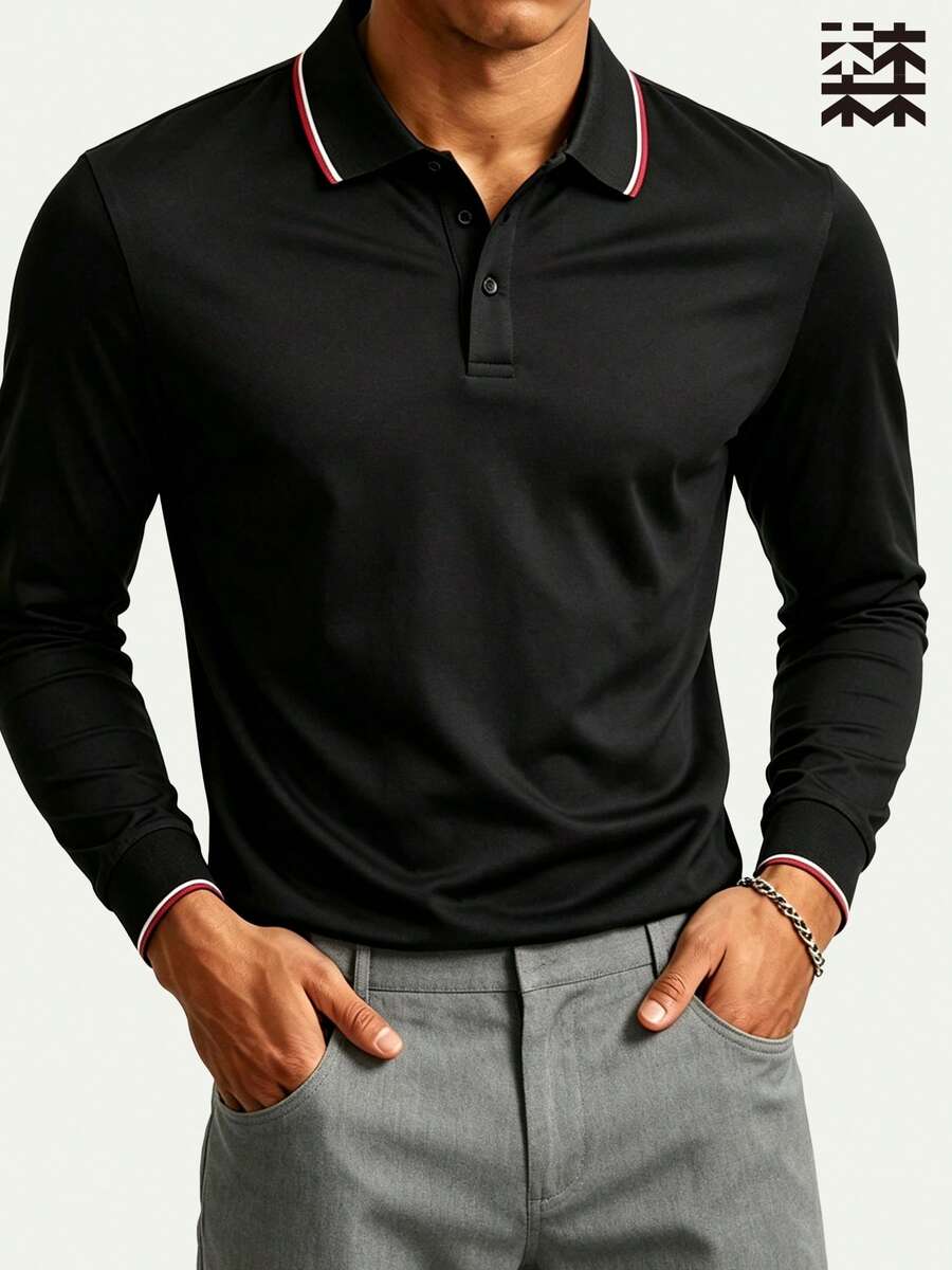 Mulinsen Men's Contrast Color Webbing Collar Long Sleeve Polo Shirt, Black Smooth Skin-Friendly Fabric, Red And White Double Line Trim On Collar And Cuffs, Minimalist Commuter Style, Versatile Long Sleeve Top - Black - View 1