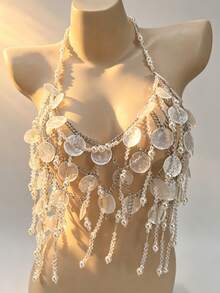 ZHENGHEN Shell Slice Pearl Tassel Fringe Halter Body Chain Crop Top, Hollow Beaded Chain Mesh Harness Vest, Boho Beach Bikini Layering Cover Up For Women - White - View 3