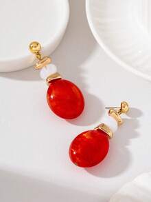 Anting Panjang Manik-Manik Oval Bertekstur Warna Oranye-Merah - Merah jingga - View 3