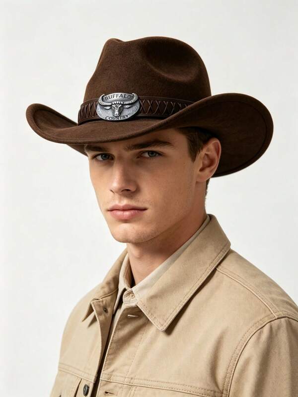 A Retro Men's And Women's Western Cowboy Hat, Featuring Sturdy Brown Buffalo Metal Straps, A Classic Outdoor Travel Vintage Ranch Headgear