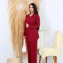 Women's 3-Piece Casual Set, Comfortable And Stylish, Suitable For Everyday Wear At Home, Street, Office, Airport, Garden, And Autumn/Winter. - 酒紅色 - 查看 5