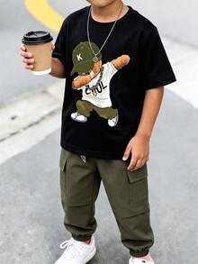 Tween Boys Cartoon Bear Graphic Print Round Neck Short Sleeve Tee And Cargo Pants Set - Black - View 1