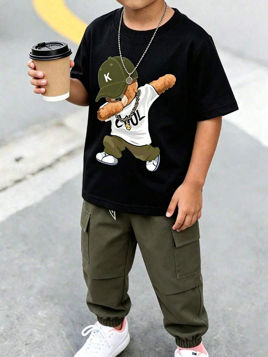 Tween Boys Cartoon Bear Graphic Print Round Neck Short Sleeve Tee And Cargo Pants Set - Black - View 1