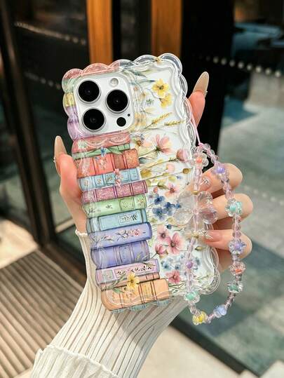 Transparent White Base Vintage Stacked Colorful Book Watercolor Mixed Wildflower Wheat Print Wavy Twisted Edge High Transparency TPU Phone Case With Iridescent Flower Beaded Lanyard, Full Camera Protection Compatible With All Apple Series, Artistic Vintage Floral Book INS Gentle Girl Healing Anti-Drop Protective Cover