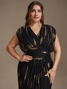 EVERPRETTY Plus Size Elegant Luxury Sequin Embroidered Batwing Sleeve Slit Bodycon Dress Formal Evening Gown For Gala Party And Mother Of The Bride - Multicolor - View 7