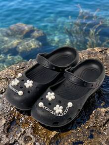 Women's Black EVA Mary Jane Style Clogs, 2-Way Wear Slip-On Sandals With Pearl Flower Decor And Chain, Summer Casual Shoes - Black - View 3